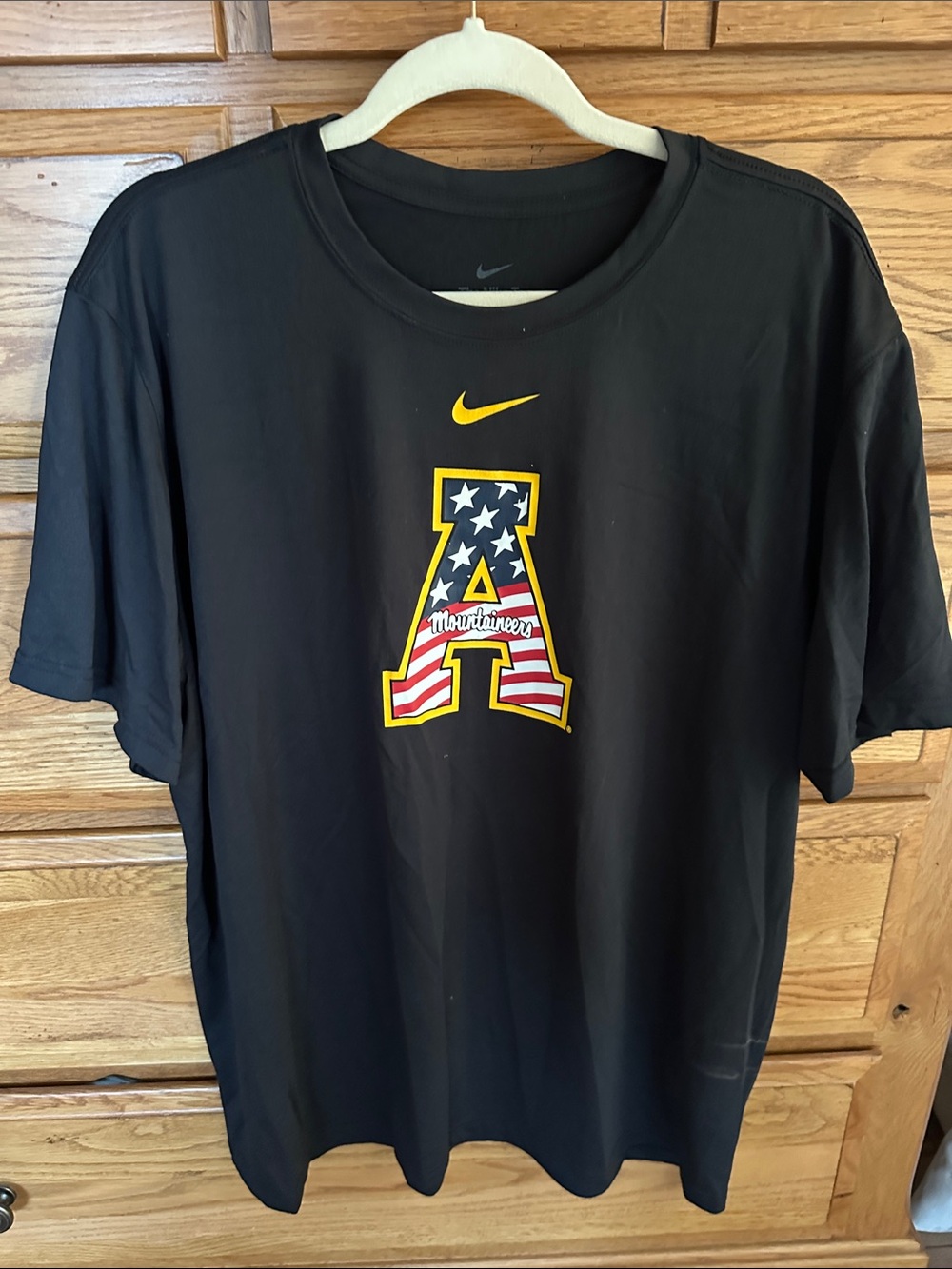 Nike Black Tee with Yellow Swoosh and American-Flag 'A' Logo-App State